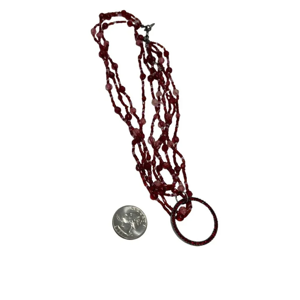 NY Necklace Multi Strand Red Pink Beads with Red Round Rhinestone Pendant‎